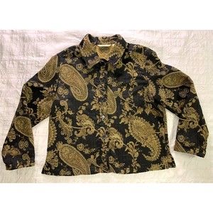 French Laundry Womens Large Blazer Jacket Black Gold Paisley Floral Button Up